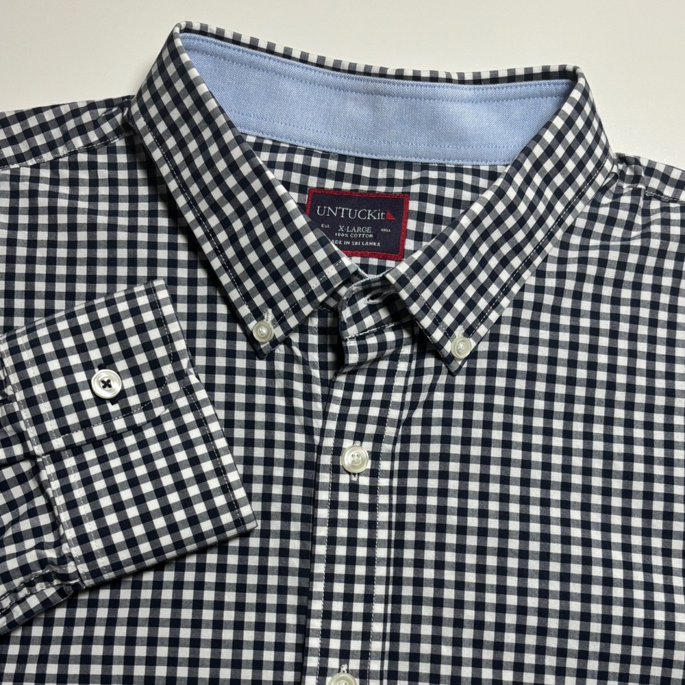 UNTUCKit Navy White Gingham Check Button Down Shirt Long Sleeve Shirt Casual